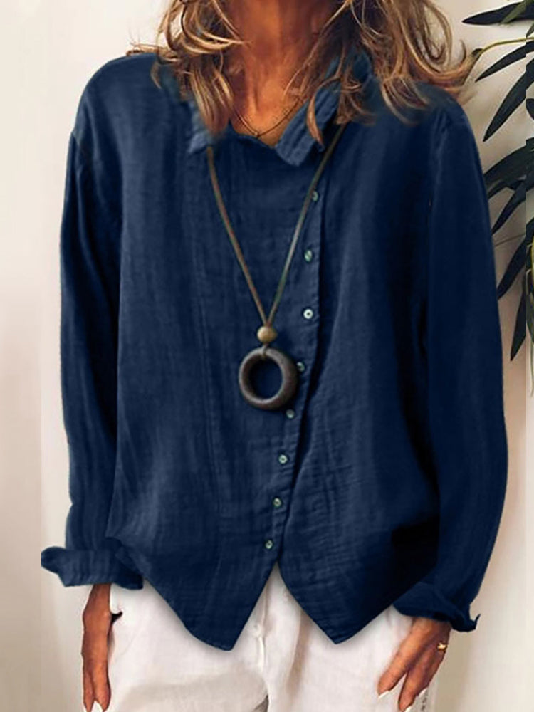 Camicia Casual a Maniche Lunghe a Tinta Unita con Bottoni