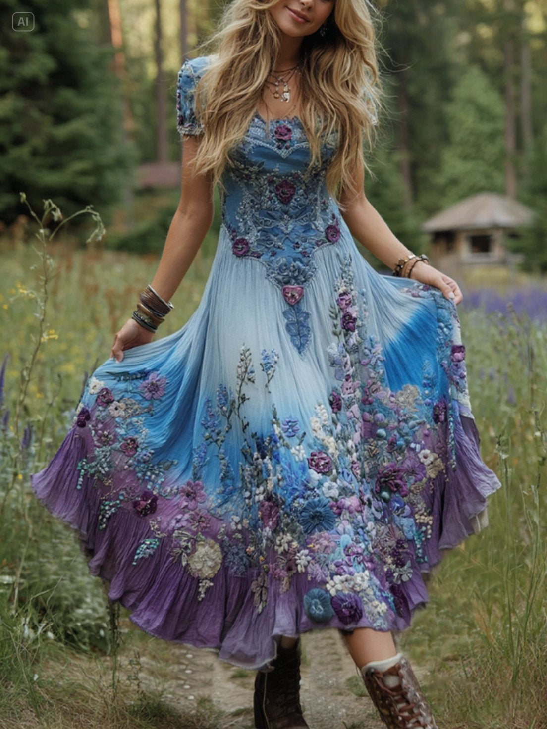 Vestito lungo elegante in lino con sfumature viola lavanda e ricamo floreale