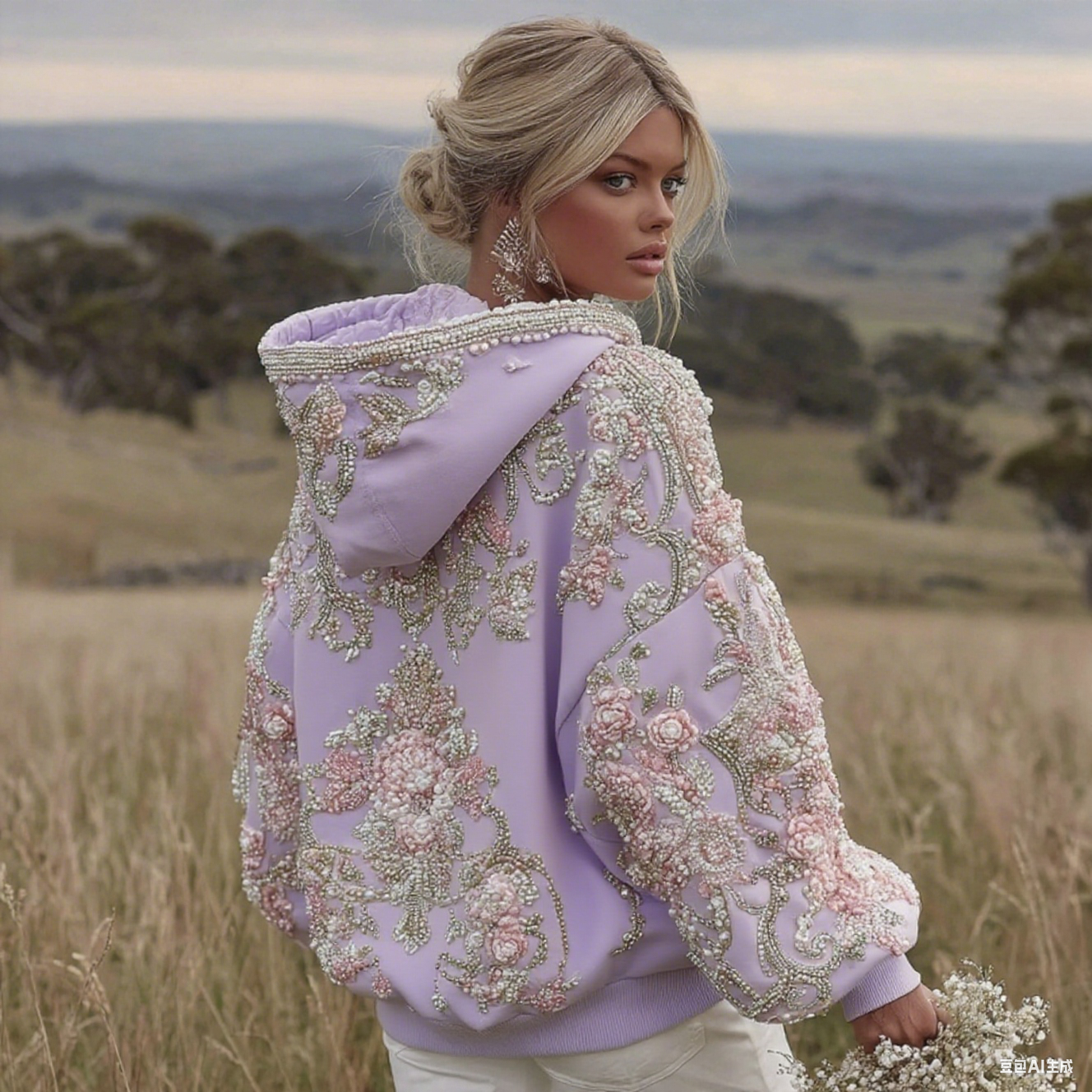 Sweat à capuche à manches longues pour femme avec broderie florale rose