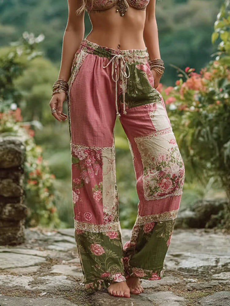 Pantalon décontracté rétro floral patchwork pour femme