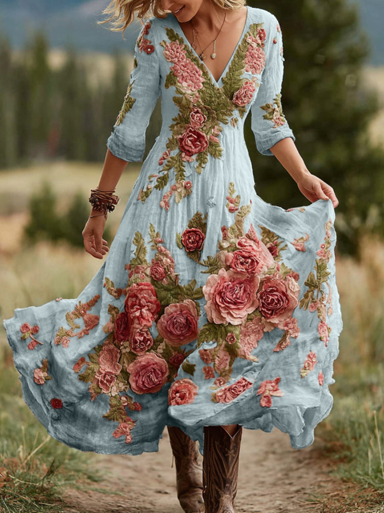 Robe longue confortable en mélange de lin à col en V, motif floral rose vintage pour femme