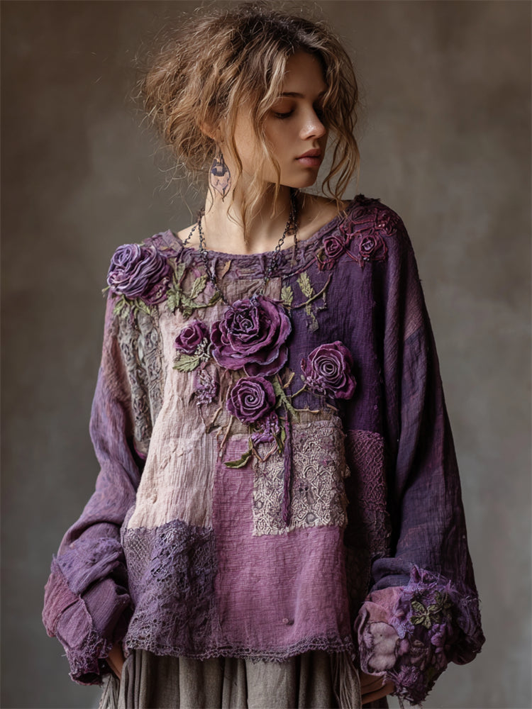 Tunica vintage in lino con patchwork di pizzo boho e rose viola