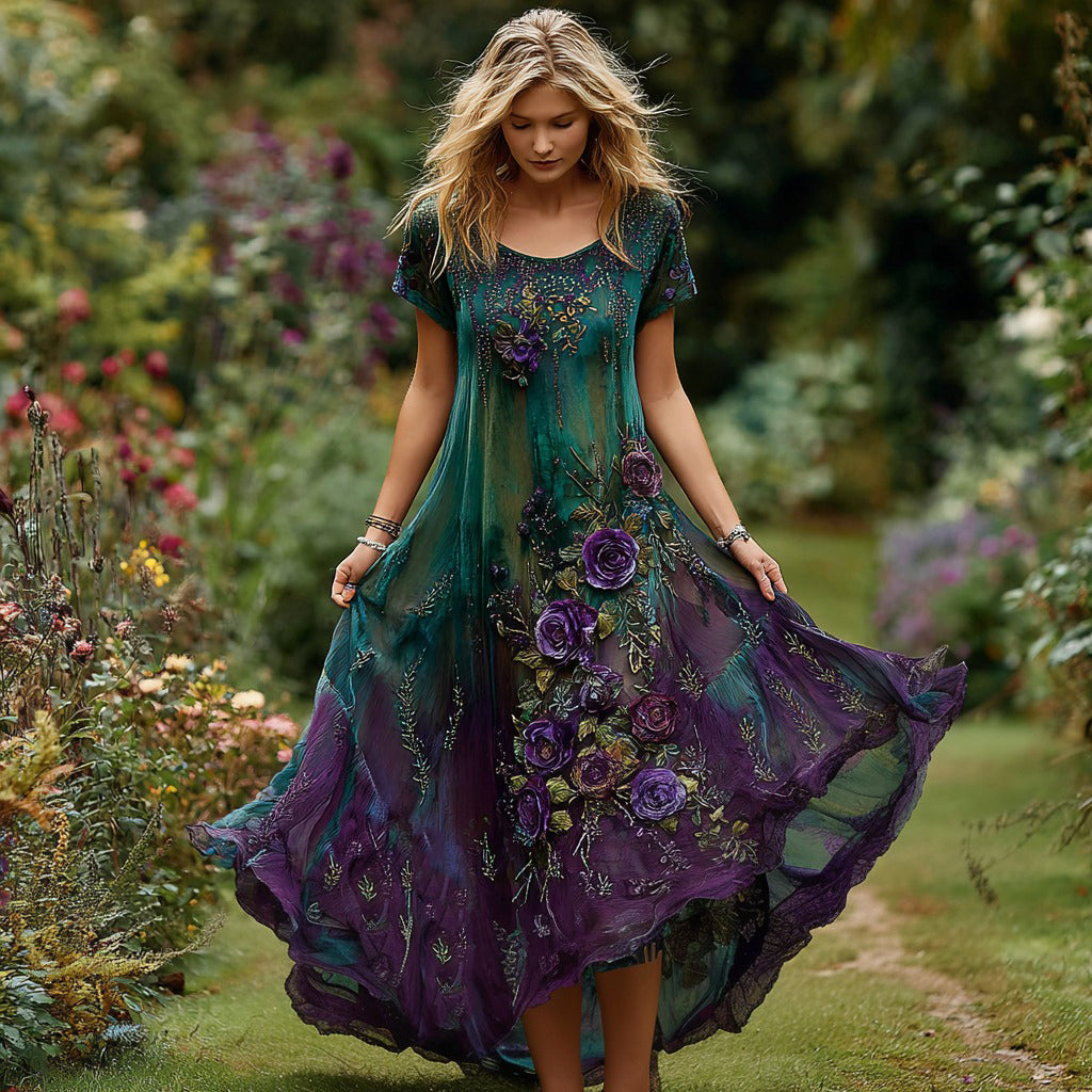Vestito Donna con Ricamo Floreale Vintage e Motivo a Gradiente, Girocollo