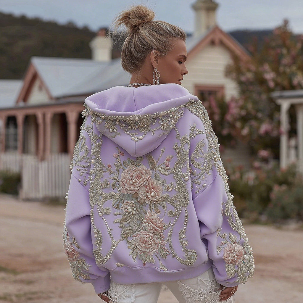 Sweat-shirt décontracté à capuche brodé floral bohème rétro pour femme