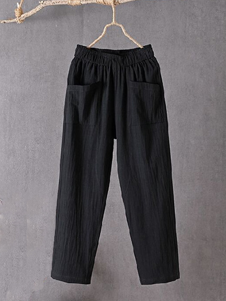 Pantalon en lin mélangé pour femme, taille élastique, design poches