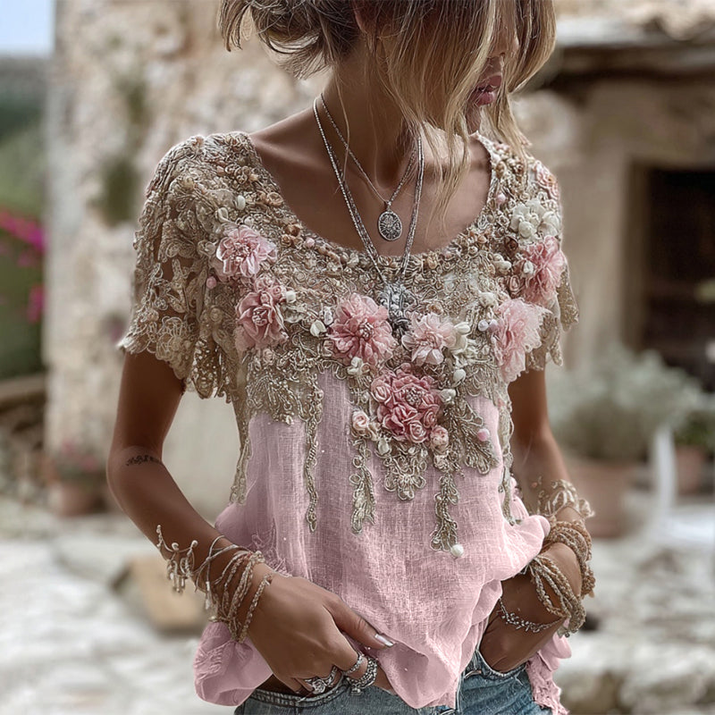 T-shirt Femme Col Rond Manches Courtes Broderie Rose Art Lin Mélangé