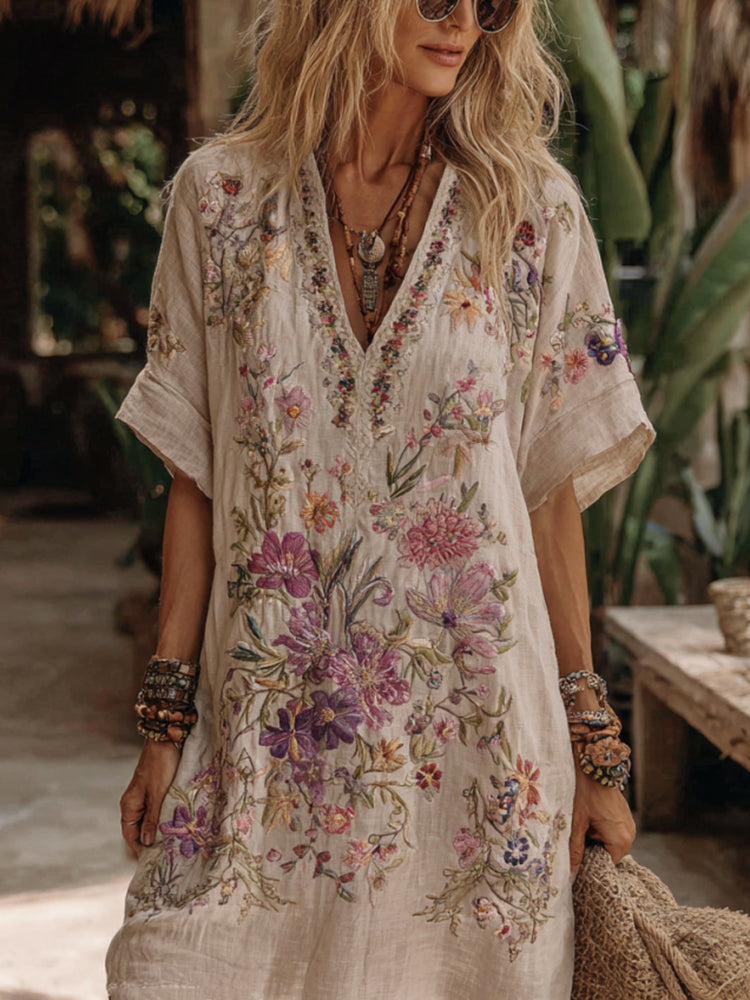 Robe midi confortable à broderie florale et col en V pour femme