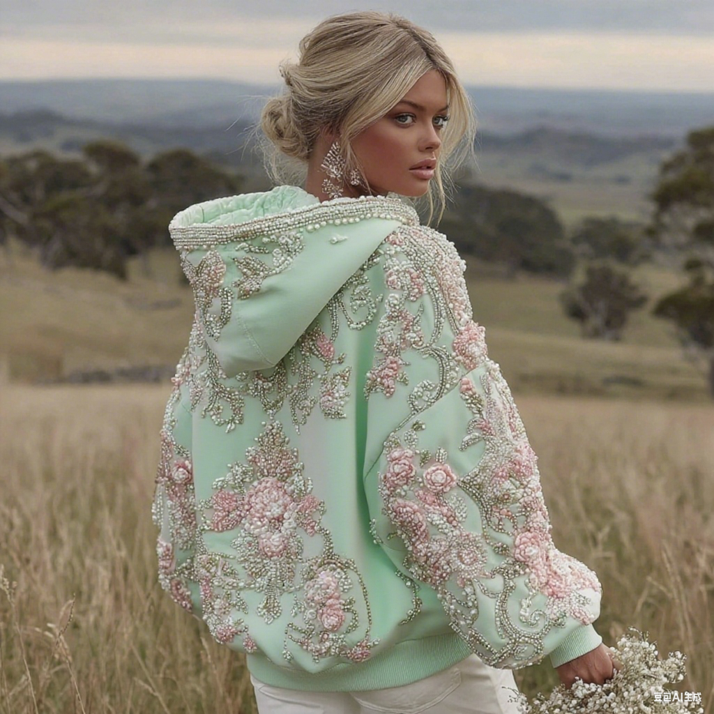 Sweat à capuche à manches longues pour femme avec broderie florale rose