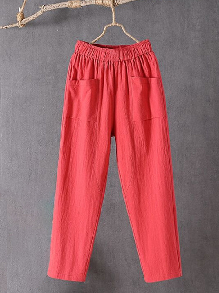 Pantalon en lin mélangé pour femme, taille élastique, design poches