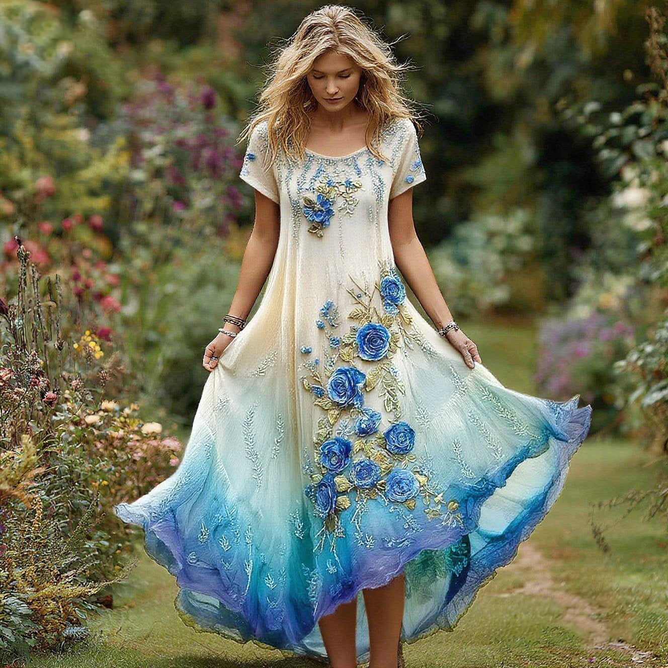 Vestito Donna con Ricamo Floreale Vintage e Motivo a Gradiente, Girocollo