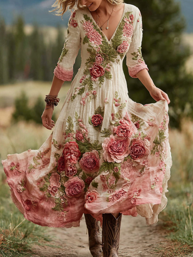 Robe longue confortable en mélange de lin à col en V, motif floral rose vintage pour femme