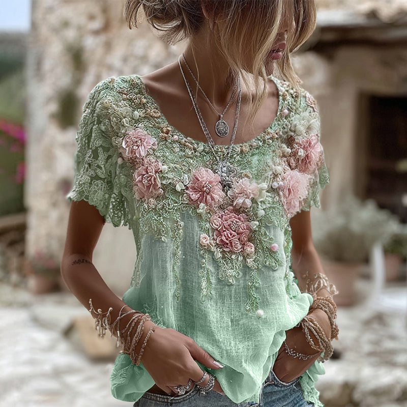 T-shirt Femme Col Rond Manches Courtes Broderie Rose Art Lin Mélangé