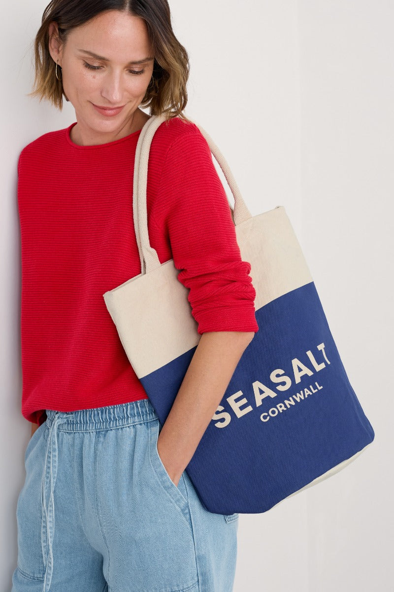 Borsa Tote in Tela Blu Navy con Logo