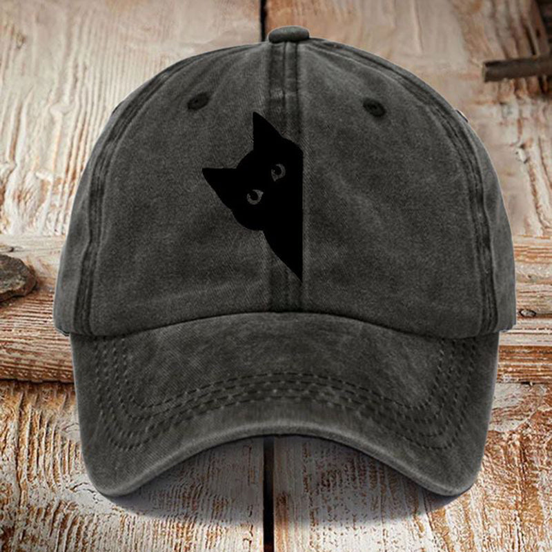 Chapeau de soleil délavé imprimé chat noir d'art japonais