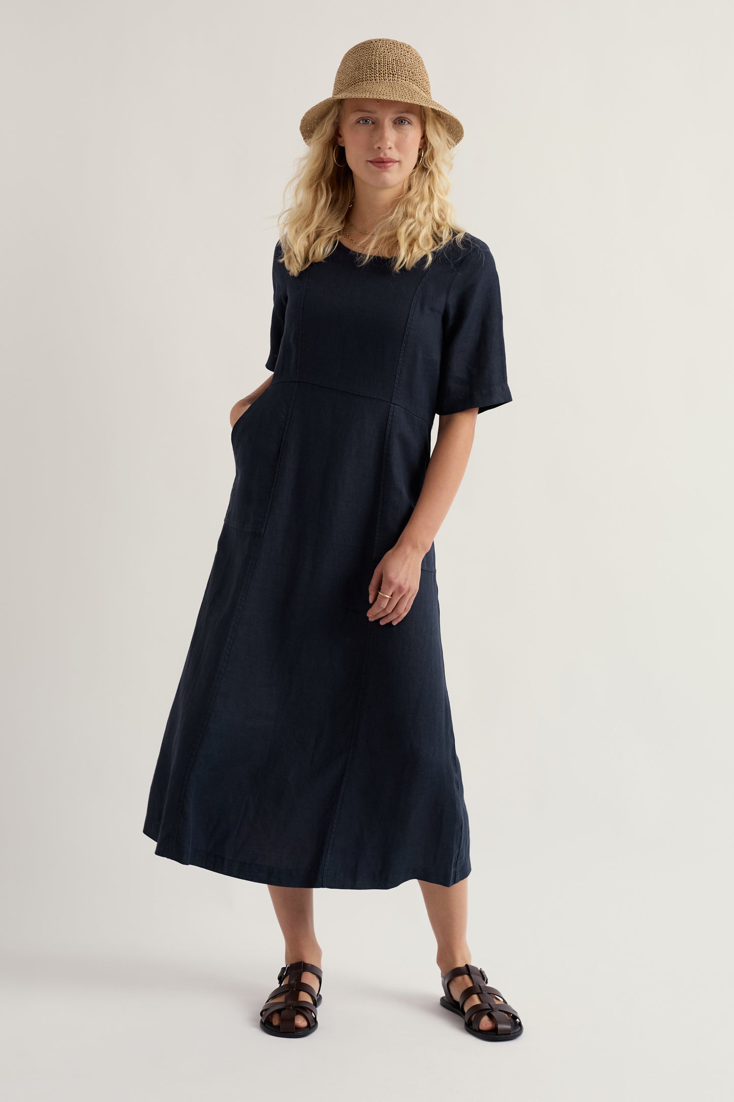 Robe midi en lin motif vagues herbeuses
