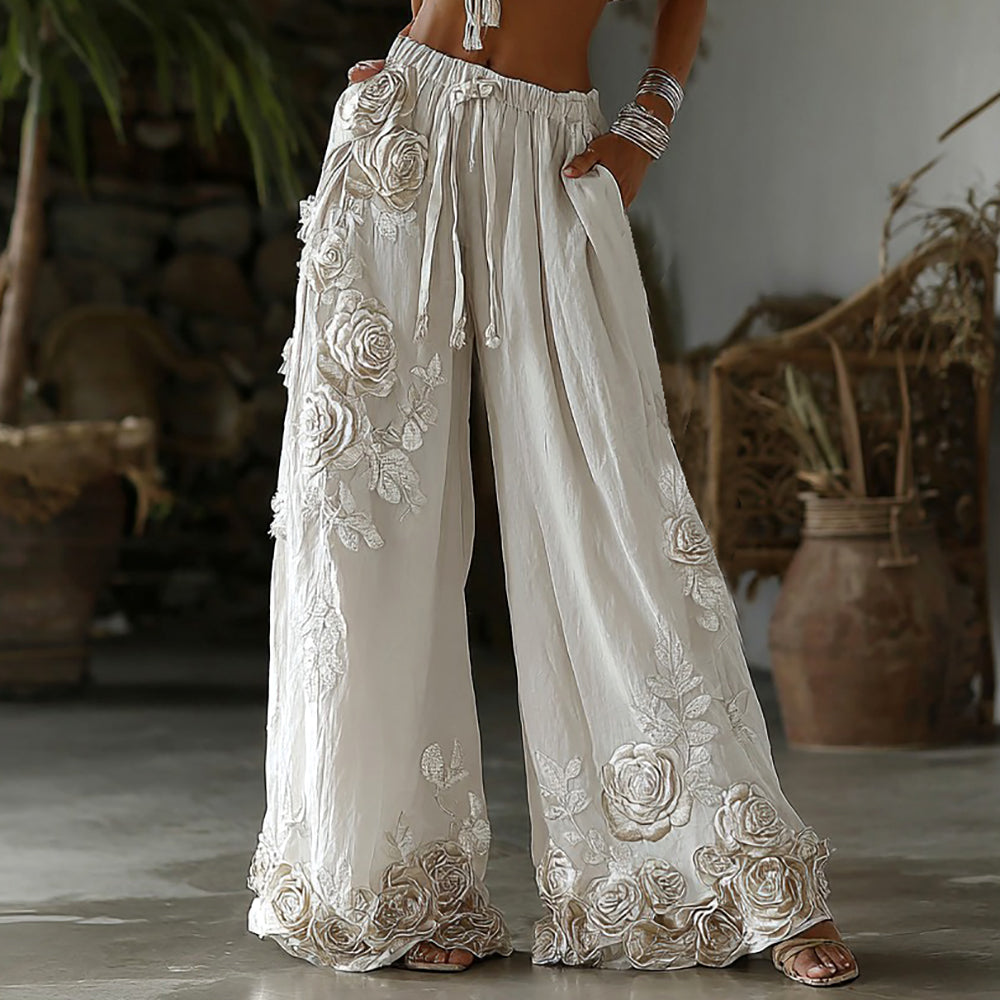 Pantalon en lin décontracté brodé floral style rétro pour femmes