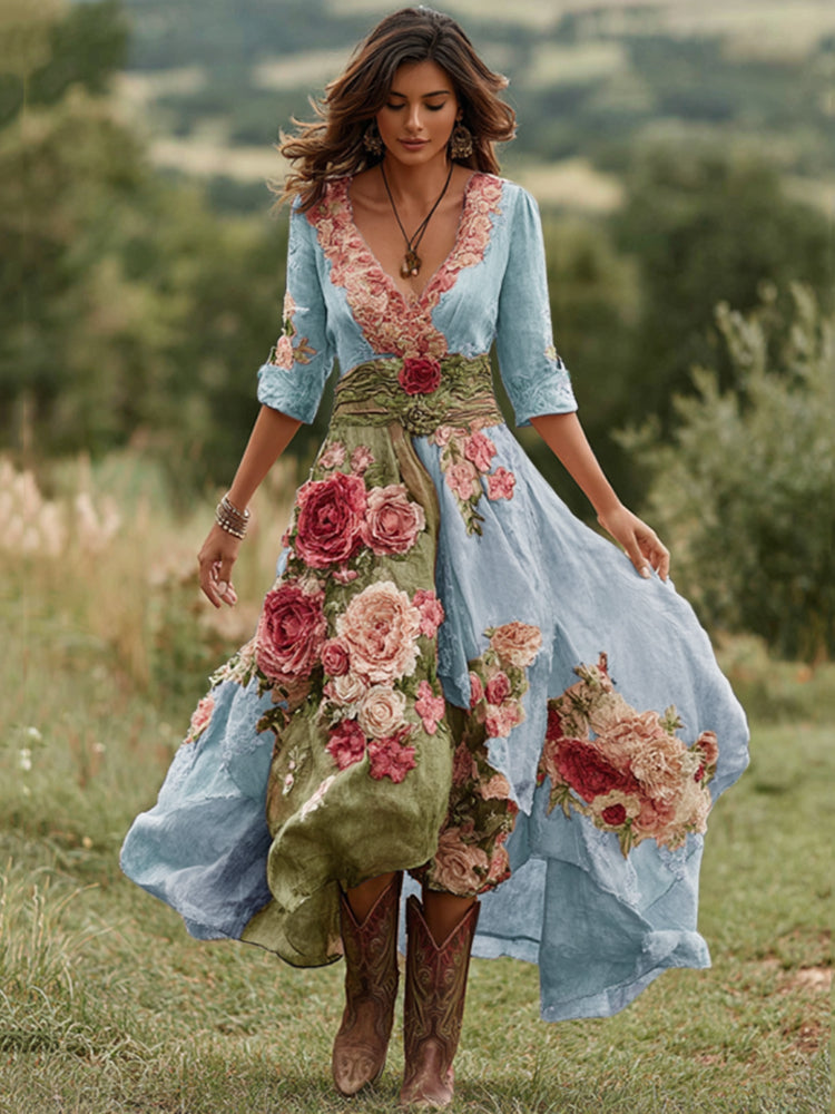 Robe longue vintage pour femme en lin mélangé à col en V et imprimé floral