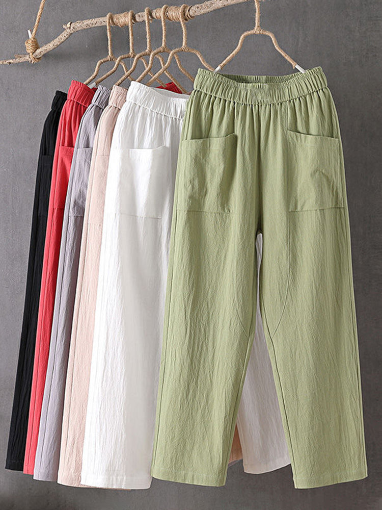 Pantalon en lin mélangé pour femme, taille élastique, design poches