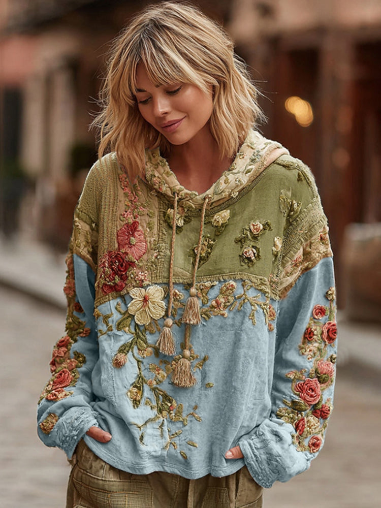 Sweat-shirt décontracté à capuche pour femme avec broderie florale et blocs de couleurs style bohème